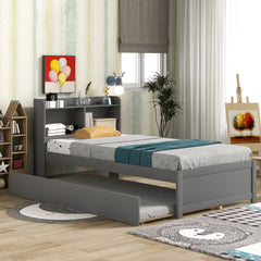 HAOYYE Twin Bed with Trundle,Bookcase,Grey Sturdy Space-Saving Heavy Duty Modern Design Adults Dorm Room Easy Assembly Bedroom Furniture