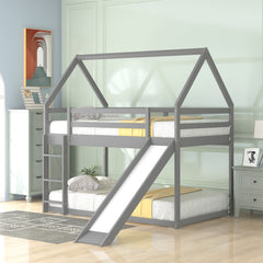 HAOYYE Twin Size Bunk House Bed with Slide and Ladder,Gray Sturdy Space-Saving Heavy Duty Modern Design Adults Dorm Room Easy Assembly Bedroom Furniture