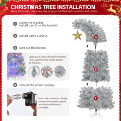 HAOYYE Silver Bent Top Pre-lit Christmas Tree with 900 Branch Tips and 300 LED Lights, Hinged Artificial Xmas Tree with Golden Star, Remote Control, Customizable 4-Color Lighting, Ideal for Home Office Store Party Holiday Decoration