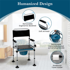 HAOYYE Black Shower Toilet Chair with Detachable Bucket, Portable Waterproof Commode Chair for Elderly and Disabled, Lightweight Aluminum Frame, Comfortable Padded Seat and Backrest, Adjustable Height, Lockable Wheels for Indoor and Outdoor Use