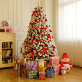 HAOYYE Snowy Green Pre-lit Snow Flocked Christmas Tree with 11 Lighting Modes, 300 LED Lights and Remote Control, Hinged Artificial Xmas Pine Tree for Holiday Party, Office and Home, 800 Branch Tips