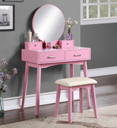 HAOYYE Liannon Contemporary Wood Vanity and Stool Set, Pink Makeup Vanity Table with Storage Drawers, Elegant Dressing Table with Round Mirror and Cushioned Stool, Stylish and Compact Design for Bedroom, Apartment, or Makeup Room