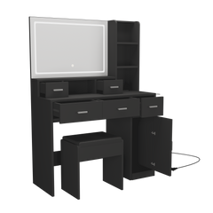 HAOYYE Black dressing table with LED 3-color illuminated mirror and power outlet, dressing table with drawers, storage box and shelf, dressing table with bedroom cushioned stool