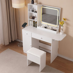 HAOYYE Vanity Desk With Lighted Mirror And Power Outlet, Makeup Vanity With Drawers And Large Storage Cabinet, 3 Lighting Modes With Adjustable Brightness, Storage Stool, White Sturdy Space-Saving Design