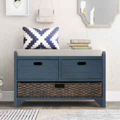HAOYYE Storage Bench with Removable Basket and Two Drawers, Fully Assembled Shoe Bench with Removable Cushion, Navy, Sturdy Space-Saving Design, Heavy Duty Construction, Easy Assembly, Durable and Stylish Home Furniture