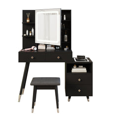 HAOYYE Vanity Dressing Table Set with LED Three-Tone Light Mirror, 4 Drawers, 2-Layer Shelf, Mirror Cabinet with Light Strips, Pitted Particle Board with Melamine Finish, Solid Wood Legs with Copper Sheath, Makeup Desk with Storage for Bedroom