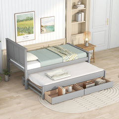 HAOYYE Twin Platform Bed with Trundle and Storage Drawers, Sturdy and Space-Saving Design, Heavy Duty Construction, Ideal for Dorm Rooms and Bedrooms, Easy Assembly, Modern Gray Finish