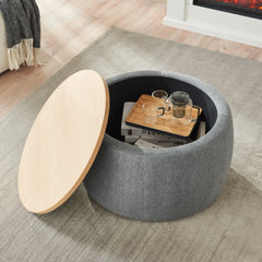 HAOYYE Round Storage Ottoman with 2-in-1 Function, Versatile End Table and Ottoman, Durable Dark Grey Upholstered Ottoman, Sturdy Space-Saving Modern Design, Easy Assembly, Stylish and Functional Home Furniture