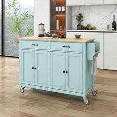 HAOYYE Kitchen Island Cart, Mint Green, with Solid Wood Top, 4-Door Cabinet, 2 Drawers, Adjustable Shelves, Spice Rack, Towel Bar, and 2 Locking Wheels. Modern, Space-Saving, Sturdy Heavy Duty Design for Easy Assembly and Versatile Use