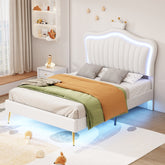 HAOYYE Twin Size Upholstered Bed Frame with LED Lights, Modern Upholstered Princess Bed With Crown Headboard,White Sturdy Space-Saving Heavy Duty Modern Design Adults Dorm Room Easy Assembly