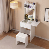 HAOYYE Vanity Desk With Lighted Mirror, Makeup Table With Drawers And Storage Cabinet, Glass Desktop, Adjustable Brightness, Storage Stool, Modern White Design For Bedroom, Sturdy Space-Saving Construction