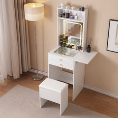 HAOYYE Vanity Desk With Lighted Mirror, Makeup Table With Drawers And Storage Cabinet, Glass Desktop, Adjustable Brightness, Storage Stool, Modern White Design For Bedroom, Sturdy Space-Saving Construction