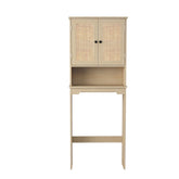 HAOYYE Over The Toilet Storage Cabinet With Adjustable Shelves And Open Storage Shelf, Bathroom Organizer With Two Rattan Doors, Natural Wood Finish, Space-Saving Bathroom Storage Solution For Towels, Toiletries, And More