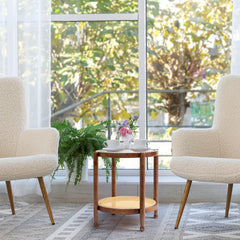 HAOYYE Rattan Coffee Table With Water Ripple Glass Top Hand-Woven Boho Side Table Compact Round End Table For Living Room Bedroom Balcony Patio Walnut Brown