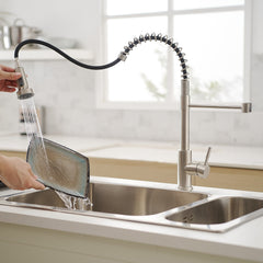 HAOYYE Commercial Brushed Nickel Kitchen Faucet with Pull Out Sprayer, Single Handle Single Lever Kitchen Sink Faucet Sturdy Space-Saving Heavy Duty Modern Design Adults Dorm Room Easy Assembly