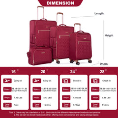 HAOYYE 4-Piece Set (16/20/24/28) ,Softshell Suitcase Spinner Wheels Terylene Luggage Sets Carry On Suitcase Luggage Lightweight Durable Suitcase Wine Red Sturdy Space-Saving Heavy Duty Modern Design