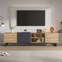 HAOYYE Modern TV Stand with 3 Cabinets and Open Shelves, Color-Matched Media Console Table for TVs up to 80 Inches, Entertainment Center with Drop Down Door for Living Room, Bedroom, and Home Theatre, Sturdy, Space-Saving Heavy Duty Design