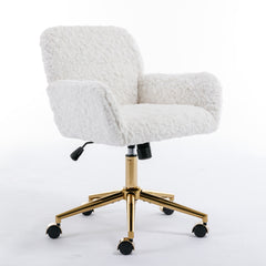 HAOYYE Artificial Rabbit Hair Home Office Chair With Golden Metal Base, Adjustable Swivel Desk Chair, Modern Beige Vanity Chair, Sturdy Space-Saving Heavy Duty Design