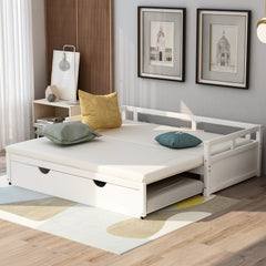 HAOYYE Extending Daybed with Trundle, Wooden Daybed with Trundle, White Sturdy Space-Saving Heavy Duty Modern Design Easy Assembly Durable Stylish Home Furniture Versatile