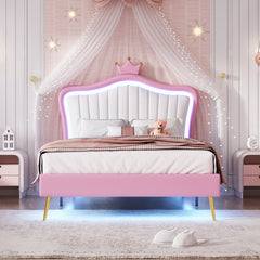 HAOYYE Twin Size Upholstered Bed Frame with LED Lights, Modern Upholstered Princess Bed With Crown Headboard,White+Pink Sturdy Space-Saving Heavy Duty Modern Design Adults Dorm Room Easy Assembly