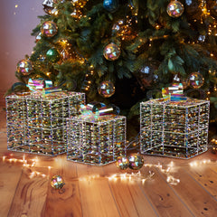 HAOYYE Iridescent Lighted Gift Boxes Set of 3, Pre-lit Nestable Christmas Present Ornaments with 140 Warm White LED Lights, Weather-Resistant Stakes for Outdoor Indoor Holiday Yard Patio Décor