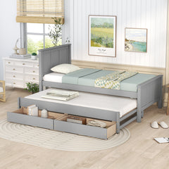 HAOYYE Twin Platform Bed with Trundle and Storage Drawers, Sturdy and Space-Saving Design, Heavy Duty Construction, Ideal for Dorm Rooms and Bedrooms, Easy Assembly, Modern Gray Finish