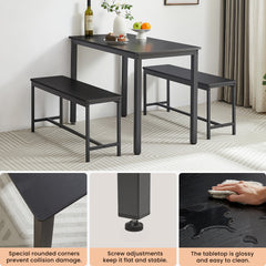 HAOYYE Dining Table Set with Bar Table and 2 Dining Benches, Kitchen Table Counter with Chairs, Industrial Style Breakfast Table for Living Room and Party Room, Sturdy Heavy Duty Design in Sleek Black for Home and Dorm Room Decor
