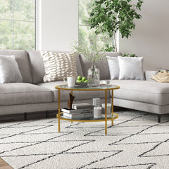 HAOYYE Rattan Coffee Table with Storage Shelf, Round Boho Side Table with Woven Rattan Top and Wood Frame, Small Accent Table for Living Room Bedroom Balcony, Modern Natural Style Indoor End Table for Home and Apartment