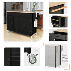 HAOYYE Kitchen Island Cart with Solid Wood Top, 4-Door Cabinet, Two Drawers, Spice Rack, and Towel Rack, Black Modern Kitchen Storage, Heavy Duty, Space-Saving Design, Mobile Island for Kitchen or Dining Room