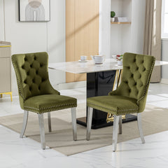 HAOYYE High-end Tufted Solid Wood Contemporary Velvet Upholstered Dining Chair with Chrome Stainless Steel Plating Legs,Nailhead Trim,Set of 2,Olive-Green and Chrome, SW1701OL Sturdy