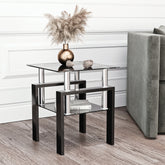 Elegant Black Tempered Glass Table With Metal Legs For Sophisticated Home Decor Featuring A Chic Dual Layer Design With Durable Glass Top And Bottom Offering High Load Capacity And Versatile Use For Living Rooms And Bedrooms With Easy Assembly