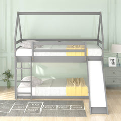 HAOYYE Twin Size Bunk House Bed with Slide and Ladder,Gray Sturdy Space-Saving Heavy Duty Modern Design Adults Dorm Room Easy Assembly Bedroom Furniture