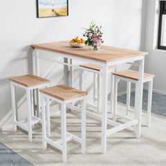 HAOYYE 5-Piece Kitchen Table Set with Four Bar Stools, Metal Frame and MDF Construction, White Oak Finish, Modern Space-Saving Design, Heavy Duty and Durable, Easy to Assemble