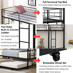 HAOYYE Over Twin Bunk Bed Frame with Trundle,Metal Bunkbed with Sturdy Guard Rail and 2 sideLadders for /Adults,Can be Divided Into Two Beds, No Box Spring Needed, Noise Free for Dorm,Black Space-Saving