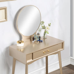 HAOYYE Maly Contemporary Wood Vanity and Stool Set, Gold Makeup Vanity Table with Storage Drawer, Elegant Dressing Table with Round Mirror and Cushioned Stool, Stylish and Compact Vanity Desk for Bedroom, Apartment, or Makeup Room