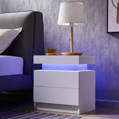 HAOYYE LED Nightstand Bedside Table Cabinet with 2 Drawers, Modern End Table for Bedroom, Sturdy Space-Saving Heavy Duty Construction, White, Ideal for Adults and Dorm Rooms, Easy to Assemble