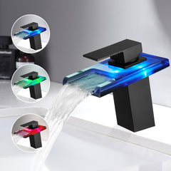 HAOYYE Bathroom Sink Faucet LED Light 3 Colors Changing Waterfall Glass Spout Hot Cold Water Mixer Single Handle One Hole Deck Mounted Bathroom Faucet Black Lavatory Vanity Basin Bath Plumbing Fixtures