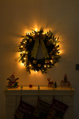 HAOYYE Pre-lit Battery Powered Christmas Wreath with Remote Control Artificial Holiday Greenery 50 Warm LED Lights 120 PVC Branch Tips and Ornaments Elegant Lighted Wreath for Front Door Wall Gate Party Decorations