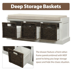 HAOYYE Rustic Storage Bench with 3 Removable Classic Rattan Basket , Entryway Bench Storage Bench with Removable Cushion (White) Sturdy Space-Saving Heavy Duty Modern Design Easy Assembly Durable