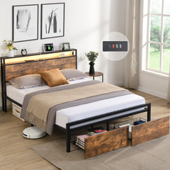 HAOYYE Queen Size Bed Frame with Storage Headboard, LED Lights, Charging Station, and Two Drawers, No-Noise Metal Platform Bed, Strong Metal Slats Support, No Box Spring Needed, Sturdy and Durable
