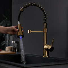 Haoyye Commercial LED Kitchen Faucet with Pull Down Sprayer, Single Handle High Arc Sink Faucet with Stream and Spray Modes, 360° Swivel Spout, Heavy Duty Brass Design, Easy to Install, Modern Space-Saving Fixture for Home, Farmhouse, or RV Kitchen