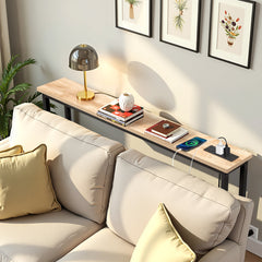 HAOYYE Oak Narrow Console Sofa Table With Built-In Power Outlets And USB Ports, Skinny Couch Table With Metal Frame And Charging Station With Extension Cord, Space Saving Sofa Table For Apartments Dorms And Living Rooms
