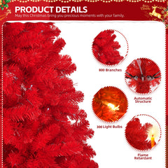 HAOYYE Pre-lit Artificial Christmas Tree Red with 800 Branch Tips, 300 LED Lights, 10 Lighting Modes and Remote Control, Hinged Xmas Pine Tree for Holiday Party, Office and Home Décor