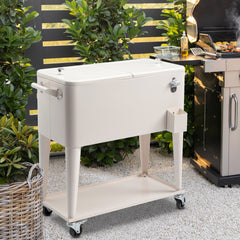 HAOYYE Milk White Rolling Cooler Cart Outdoor Beverage Tub with Bottle Opener Cap Catcher Insulated Ice Chest on Wheels Locking Casters for Patio Pool Party BBQ Camping