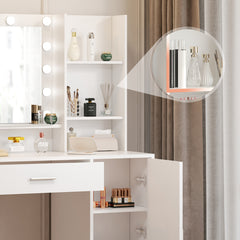 HAOYYE Vanity Desk with Mirror & Light, Large Drawer Three-Level Storage Dresser, 3 Lighting Modes with Adjustable Brightness, Modern Luxury Bedroom Dressing Table, White with Stool