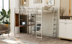 HAOYYE Full Size Metal Loft Bed with 2 Built-in Shelves & Desk, Silver – Space-Saving Design with Sturdy Metal Frame, Includes Full-Length Guardrails & Ladder, No Box Spring Needed, Perfect for Small Bedrooms & Dorm Rooms