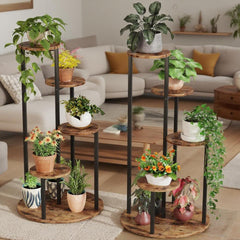HAOYYE 5-Tier Corner Plant Stand with Wood and Metal Frame, Rustic Brown Finish, Space-Saving Freestanding Flower Rack for Indoor and Outdoor Use, Perfect for Displaying Multiple Potted Plants in Garden, Balcony, or Patio