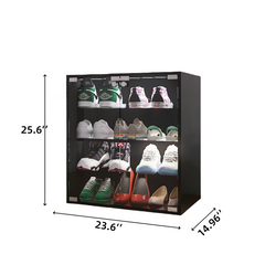 HAOYYE 4 Layers Black Shoe Cabinet with Glass Door and Glass Layer Shoes Display Cabinet with LED light Bluetooth Control Sturdy Space-Saving Heavy Duty Modern Design Adults Dorm Room Easy Assembly