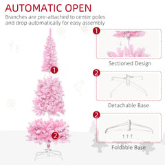 HAOYYE 6ft Prelit Snow Flocked Artificial Christmas Tree with Pencil Shape, Pine Realistic Branches, Warm White LED lights, Auto Open, Pink and White Sturdy Space-Saving Heavy Duty Modern Design