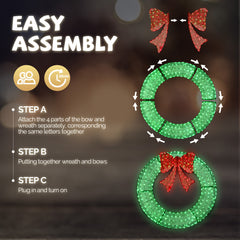 HAOYYE 48in Pre-Lit Outdoor Christmas Wreath Decoration with 315 LED Lights, Metal Holiday Decor for Home Exterior and Garden, Festive Green and Red Bow, Energy Efficient, Weather Resistant, Easy to Hang